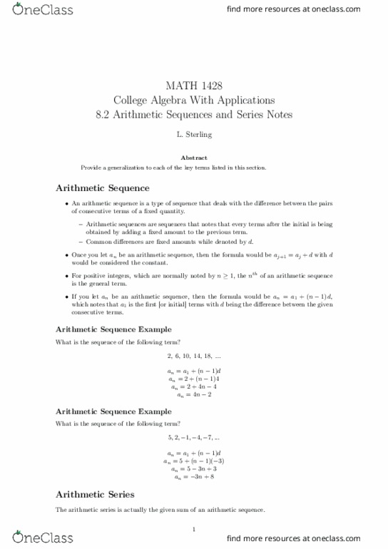 MATH-1428 Lecture Notes - Lecture 38: Arithmetic Progression thumbnail