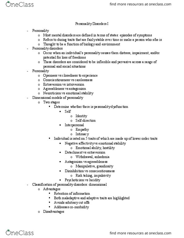 PSYC 238 Lecture Notes - Lecture 9: Schizoid Personality Disorder, Paranoid Personality Disorder, Schizotypal Personality Disorder thumbnail