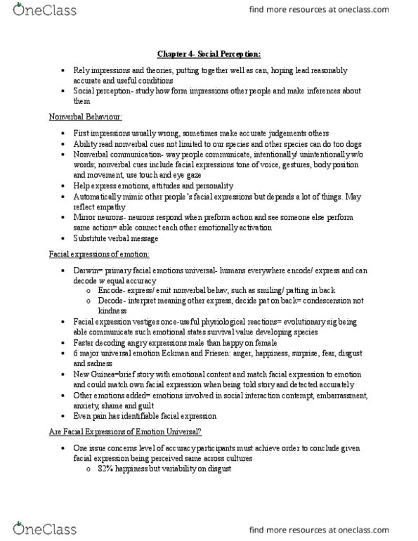 Psychology 2070A/B Chapter Notes - Chapter 4: Fritz Heider, Facial Expression, Nonverbal Communication thumbnail