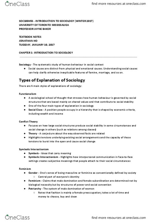 SOC100H5 Chapter Notes - Chapter 1: Talcott Parsons, University Of Toronto Mississauga, Symbolic Interactionism thumbnail