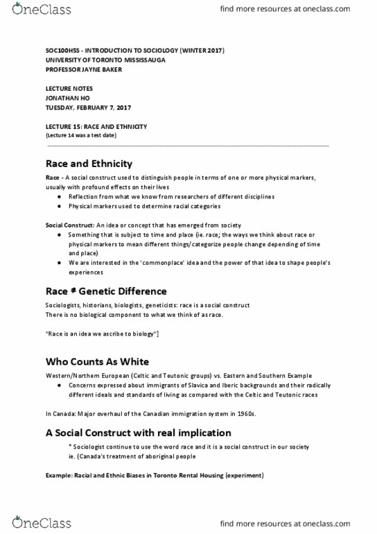 SOC100H5 Lecture Notes - Lecture 15: Visible Minority, White Privilege, University Of Toronto Mississauga thumbnail