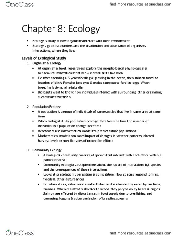 BIOL 1001 Chapter Notes - Chapter 8.1: Ecological Study, Population Ecology, Conservation Biology thumbnail