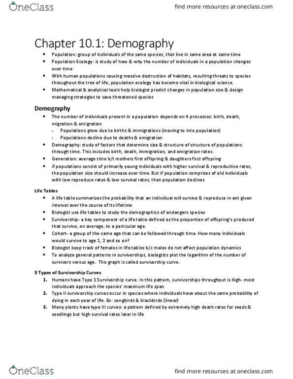 BIOL 1001 Chapter Notes - Chapter 10: Survivorship Curve, Maximum Life Span, Life Table thumbnail