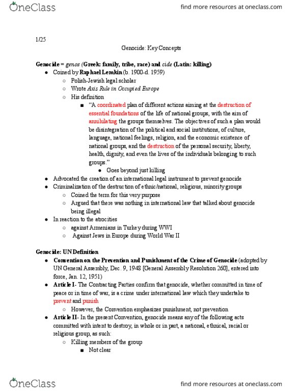 CAS HI 339 Lecture Notes - Lecture 1: Genocide Convention, United Nations General Assembly, Cultural Genocide thumbnail
