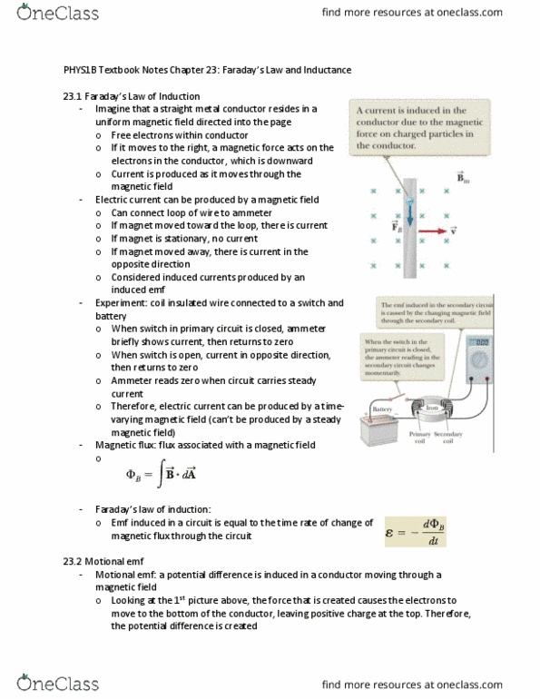 PHYS 1B Chapter Notes - Chapter 23: Ammeter, Electric Field, Inductance thumbnail