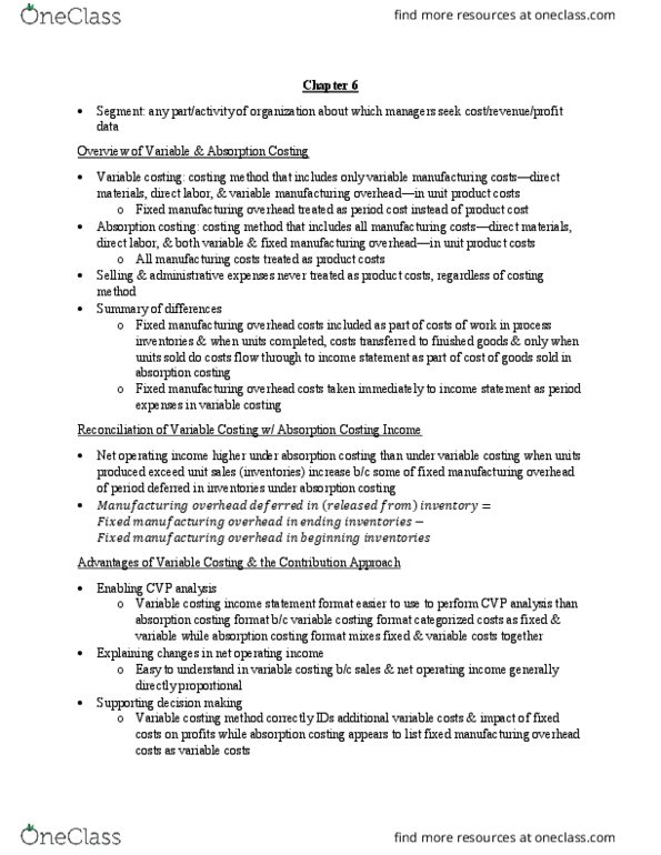 ACBU 2223 Chapter Notes - Chapter 6: Earnings Before Interest And Taxes, Total Absorption Costing, Fixed Cost thumbnail