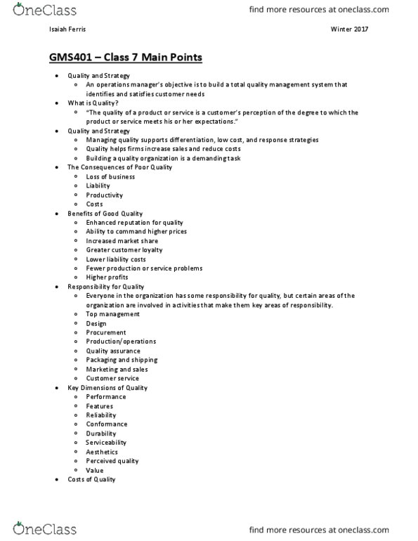 GMS 401 Lecture Notes - Lecture 7: Malcolm Baldrige National Quality Award, Iso 14000, Quality Management System thumbnail