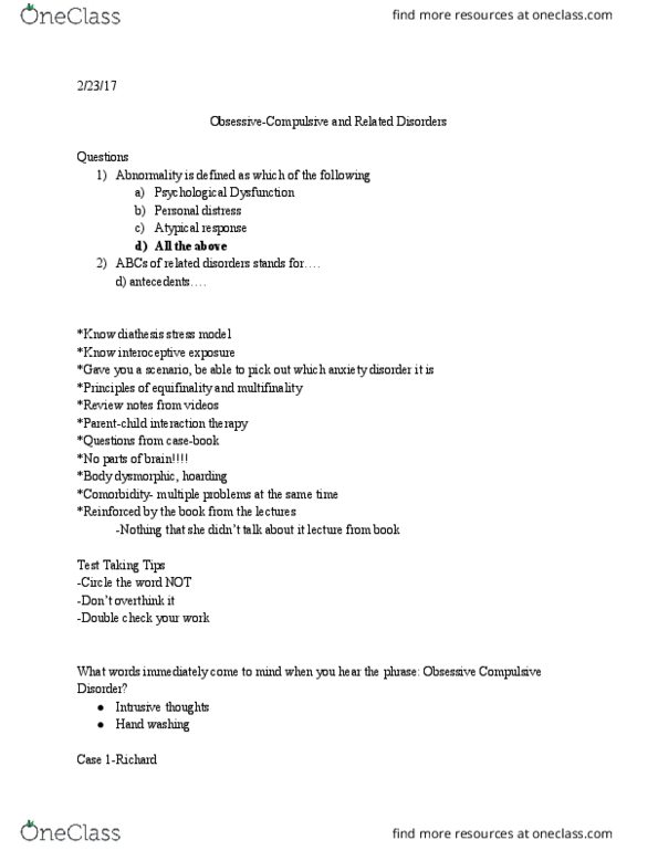 CAS PS 371 Lecture Notes - Lecture 7: Obsessive–Compulsive Disorder, Body Dysmorphic Disorder, Autoimmune Disease thumbnail