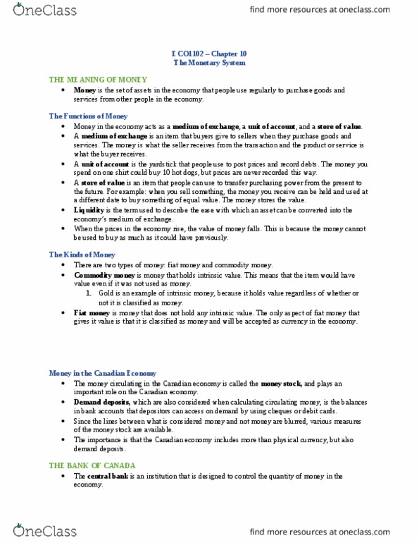 ECO 1102 Chapter Notes - Chapter 10: Fractional-Reserve Banking, Fiat Money, Overnight Rate thumbnail