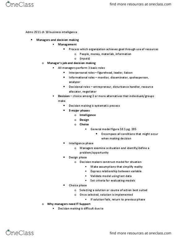 ADMS 2511 Chapter Notes - Chapter 10: Data Mart, Decision Support System, Data Warehouse thumbnail