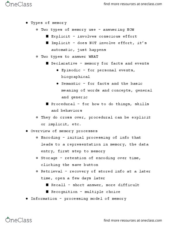 PSY 101 Lecture Notes - Lecture 7: Short-Term Memory, Memory Consolidation, Sensory Memory thumbnail