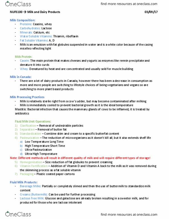 NU FS100 Lecture Notes - Lecture 12: Vitamin, Globules Of Fat, Buttermilk thumbnail