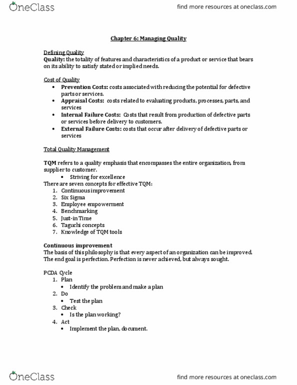 OPER 2P91 Chapter Notes - Chapter 16: Total Quality Management, Six Sigma, Continual Improvement Process thumbnail