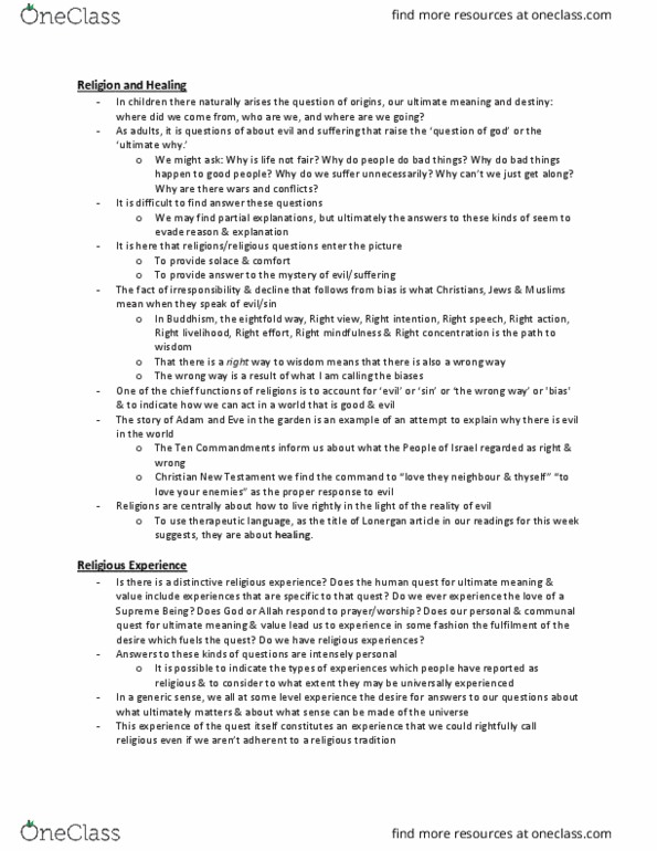 RELS 2610 Lecture Notes - Lecture 19: Religious Experience, Abraham Maslow, Noble Eightfold Path thumbnail