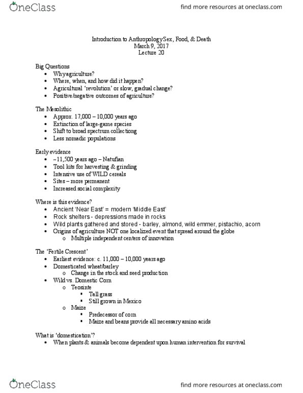 ANTHROP 1AA3 Lecture Notes - Lecture 20: Fertile Crescent, Neolithic Revolution, Natufian Culture thumbnail