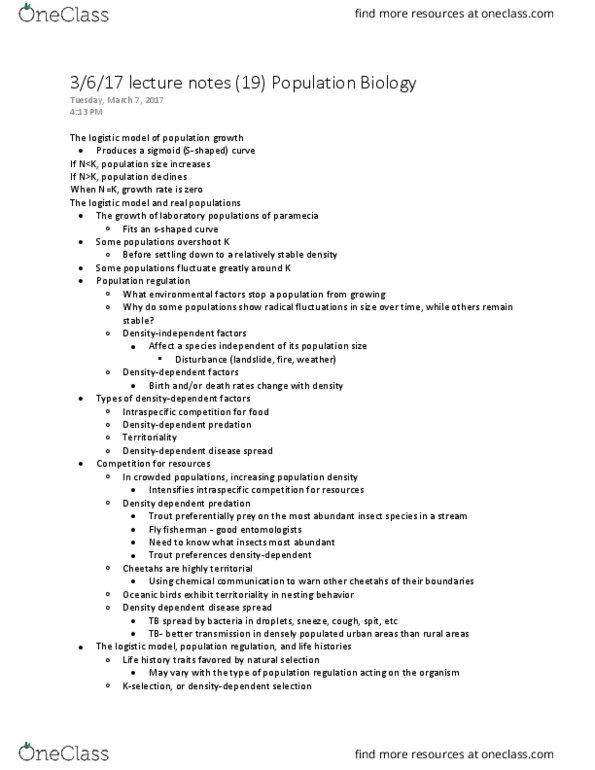 BILD 3 Lecture Notes - Lecture 19: Intraspecific Competition, Logistic Function, Zero Population Growth thumbnail