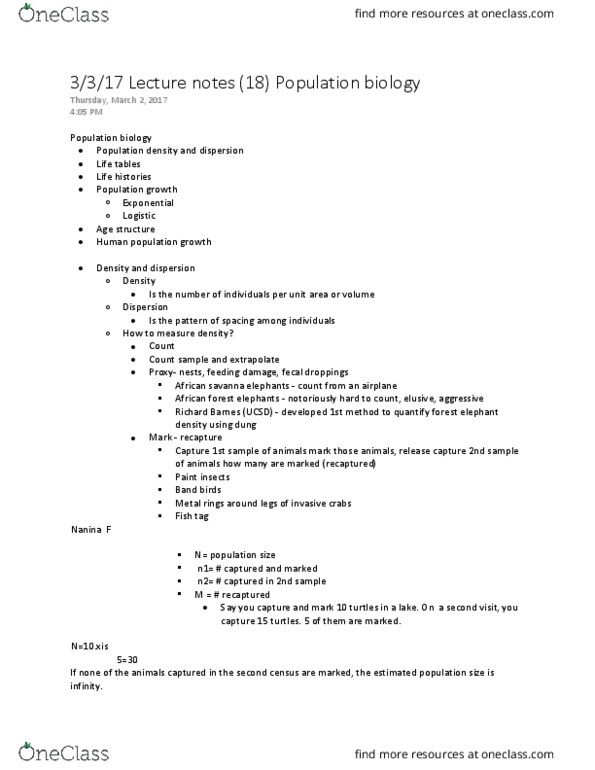 BILD 3 Lecture Notes - Lecture 18: Larrea Tridentata, Survivorship Curve, Population Biology thumbnail