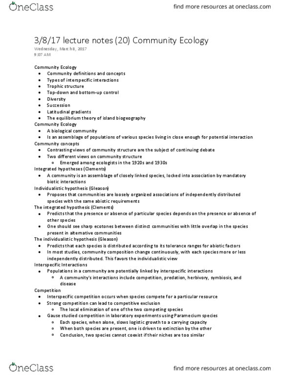 BILD 3 Lecture Notes - Lecture 20: Competitive Exclusion Principle, Interspecific Competition, Ecological Niche thumbnail