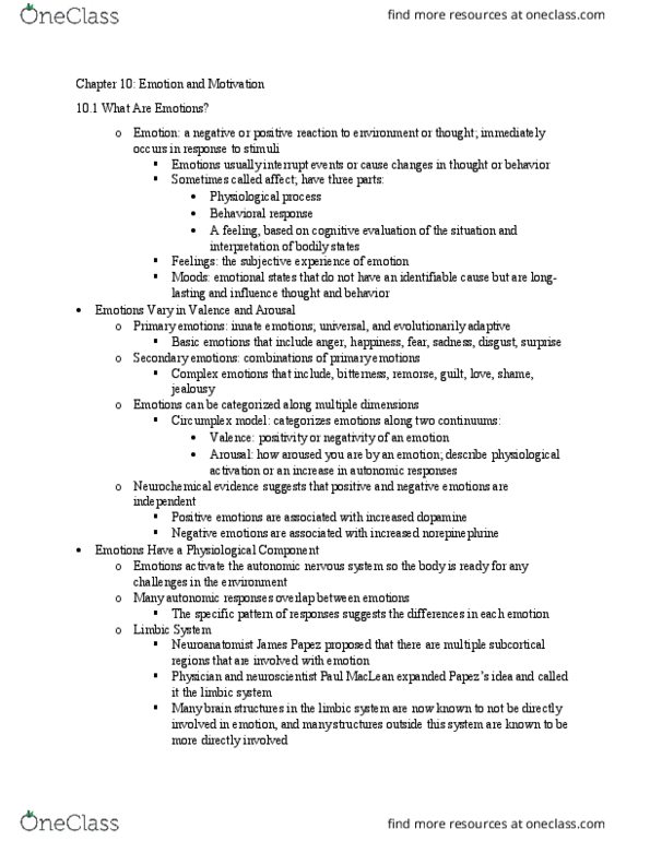 PSYCH 1000 Lecture Notes - Lecture 10: James Papez, Autonomic Nervous System, Limbic System thumbnail