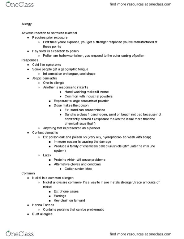 BPS 1101 Lecture Notes - Lecture 10: Allergic Rhinitis, Toxicodendron Radicans, Atopic Dermatitis thumbnail