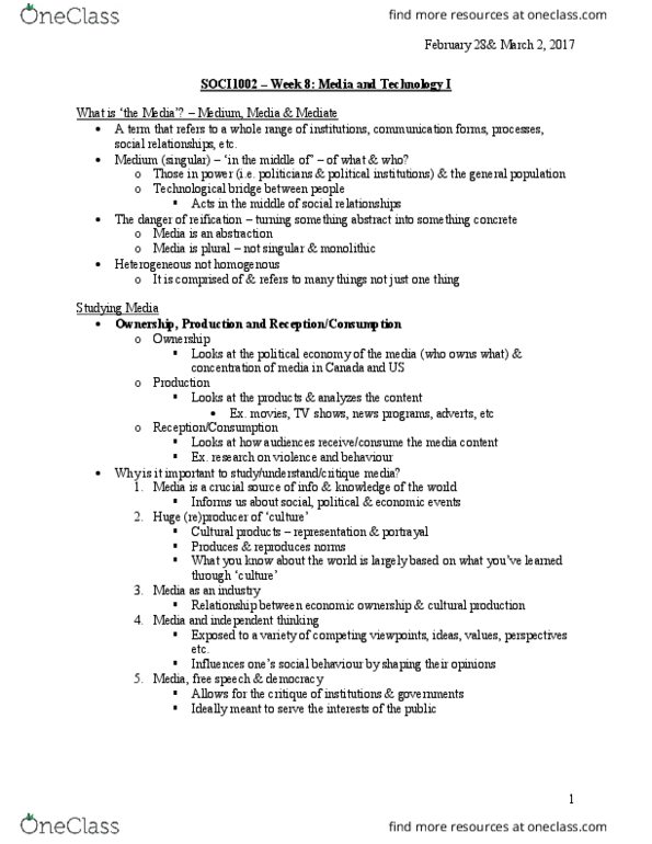 SOCI 1002 Lecture Notes - Lecture 8: George Gerbner, False Balance, Timesdaily thumbnail