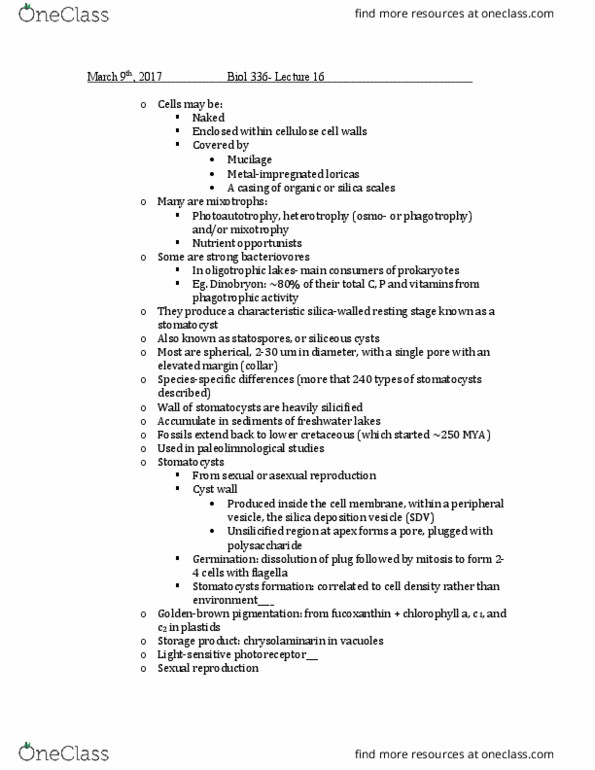 BIOL 336 Lecture Notes - Lecture 17: Chrysolaminarin, Fucoxanthin, Mucilage thumbnail