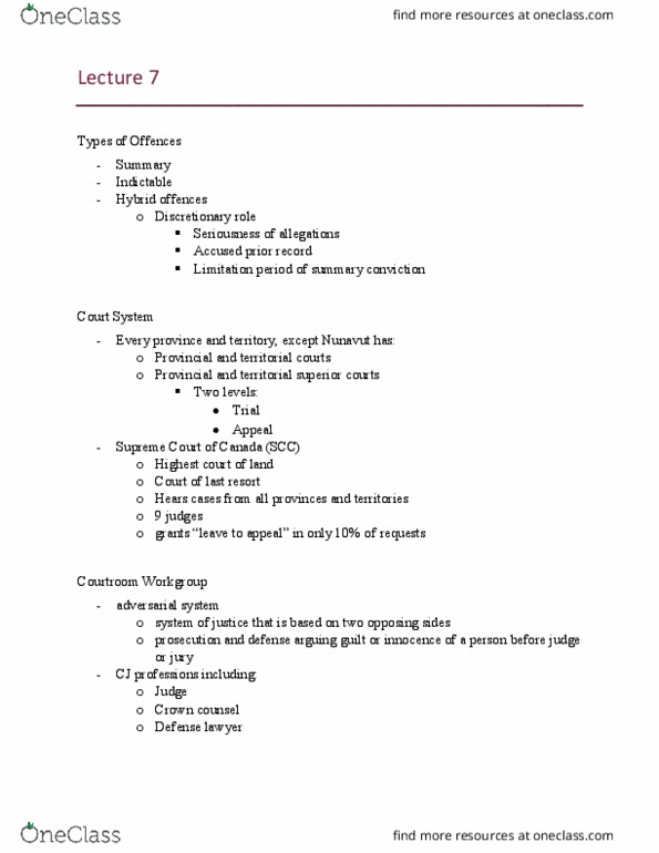 Sociology 2253A/B Lecture Notes - Lecture 7: Summary Offence, United States Territorial Court, Adversarial System thumbnail