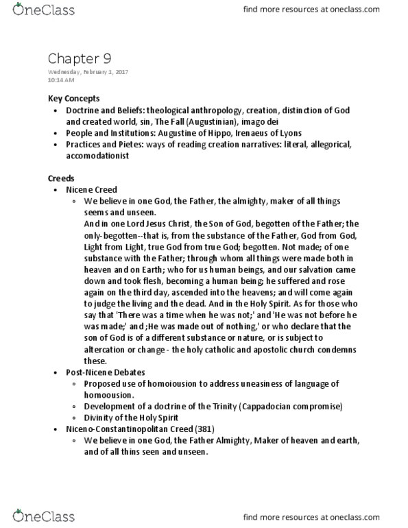 REL 1350 Lecture Notes - Lecture 9: Christian Anthropology, Homoousion thumbnail