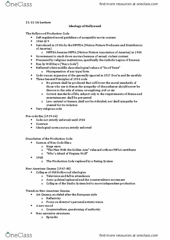 THTRFLM 1T03 Lecture Notes - Lecture 18: Will H. Hays, Miscegenation, Experimental Film thumbnail