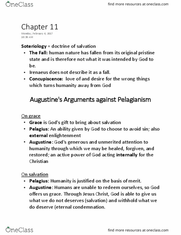 REL 1350 Lecture Notes - Lecture 11: Concupiscence, Pelagianism, Soteriology thumbnail