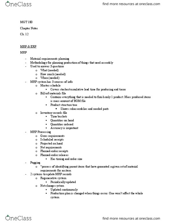 MGT 180 Chapter Notes - Chapter 12: Material Requirements Planning, Safety Stock, Manufacturing Resource Planning thumbnail