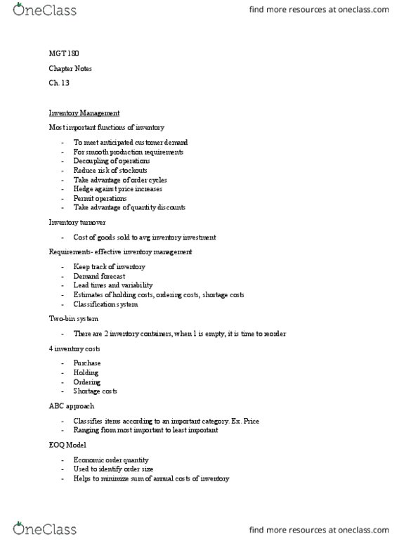 MGT 180 Chapter Notes - Chapter 13: Inventory Turnover, Economic Order Quantity, Costco thumbnail