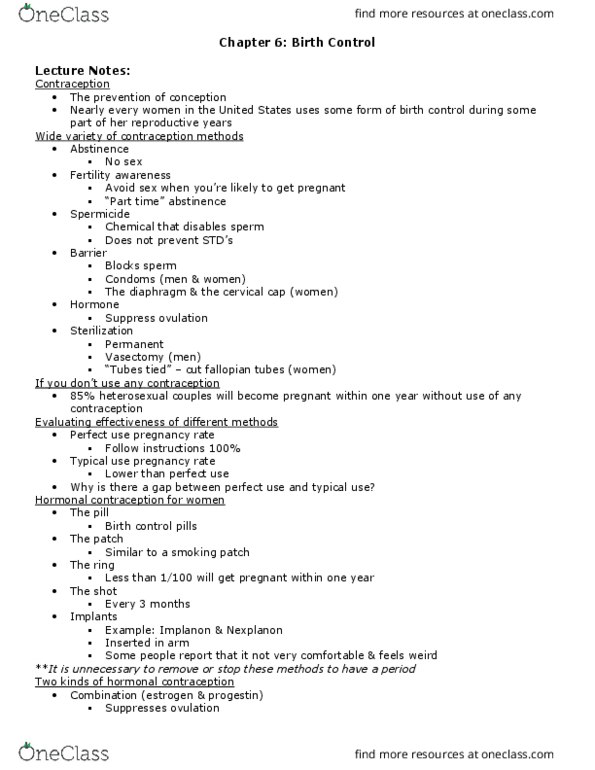 PSYC 210 Lecture Notes - Lecture 6: Lactational Amenorrhea, Combined Oral Contraceptive Pill, Hormonal Contraception thumbnail