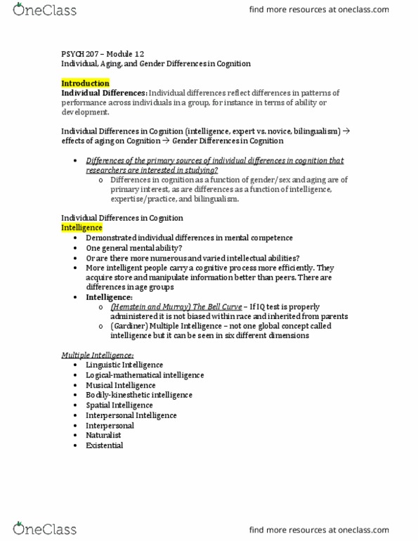 PSYCH207 Lecture Notes - Lecture 12: The Bell Curve, Theory Of Multiple Intelligences, Intelligence Quotient thumbnail