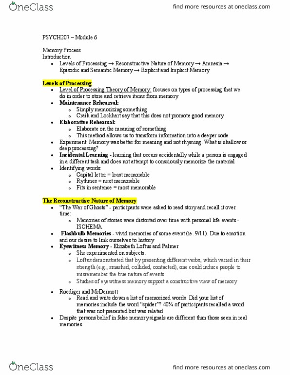 PSYCH207 Lecture Notes - Lecture 6: Elizabeth Loftus, Eyewitness Memory, Scoville Scale thumbnail