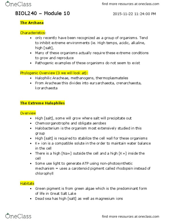 BIOL240 Lecture Notes - Lecture 10: Great Salt Lake, Soda Lake, Halobacterium thumbnail