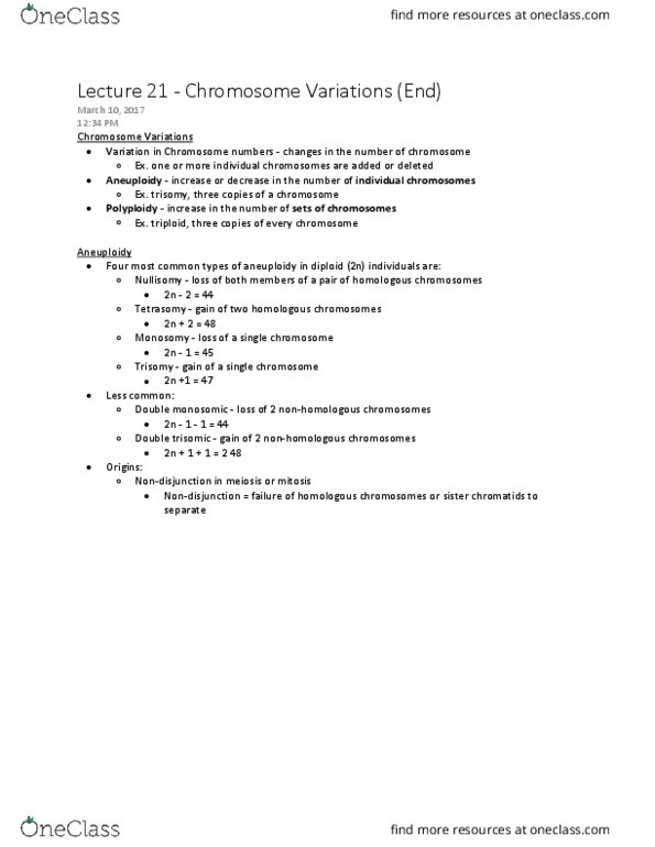 BIOL 2030 Lecture Notes - Lecture 21: Sister Chromatids, Down Syndrome, Nondisjunction thumbnail