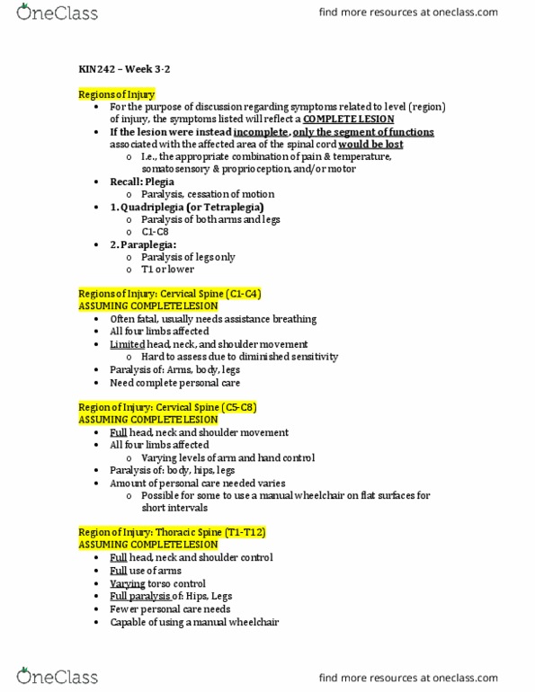 KIN242 Lecture Notes - Lecture 3: Autonomic Dysreflexia, Radicular Pain, Spinal Cord Injury thumbnail