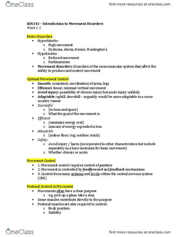 KIN242 Lecture Notes - Lecture 1: Cross Country Running, Balance Disorder, Central Nervous System thumbnail