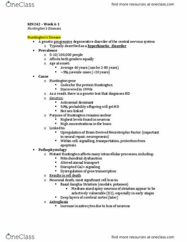 KIN242 Lecture Notes - Lecture 6: Basal Ganglia, Hyperkinetic Disorder, Chorea thumbnail