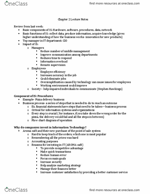 ADMS 3660 Chapter Notes - Chapter 2: Pizza Delivery, Information Overload, Business Process thumbnail