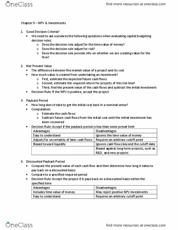 33:390:300 Chapter Notes - Chapter 9: Net Present Value, Decision Rule, Cash Flow thumbnail