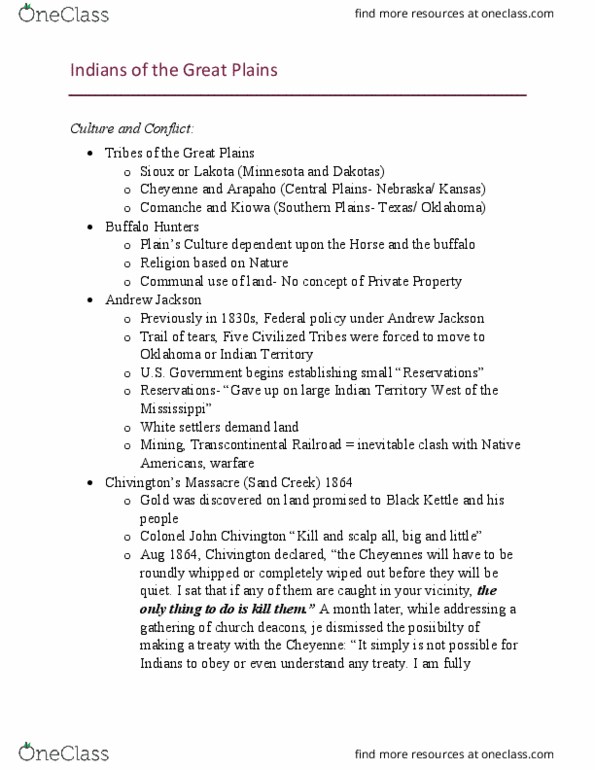 HIST 1312 Lecture Notes - Lecture 2: Five Civilized Tribes, John Chivington, Bozeman Trail thumbnail
