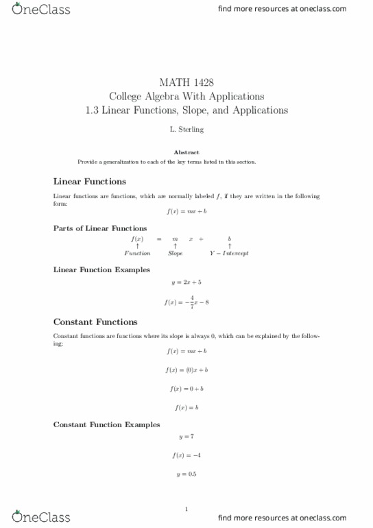 MATH-1428 Lecture 3: 1.3 Linear Functions, Slope, and Applications thumbnail