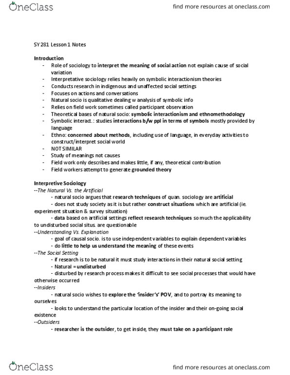 SY281 Lecture Notes - Lecture 1: Symbolic Interactionism, Social Fact, Grounded Theory thumbnail