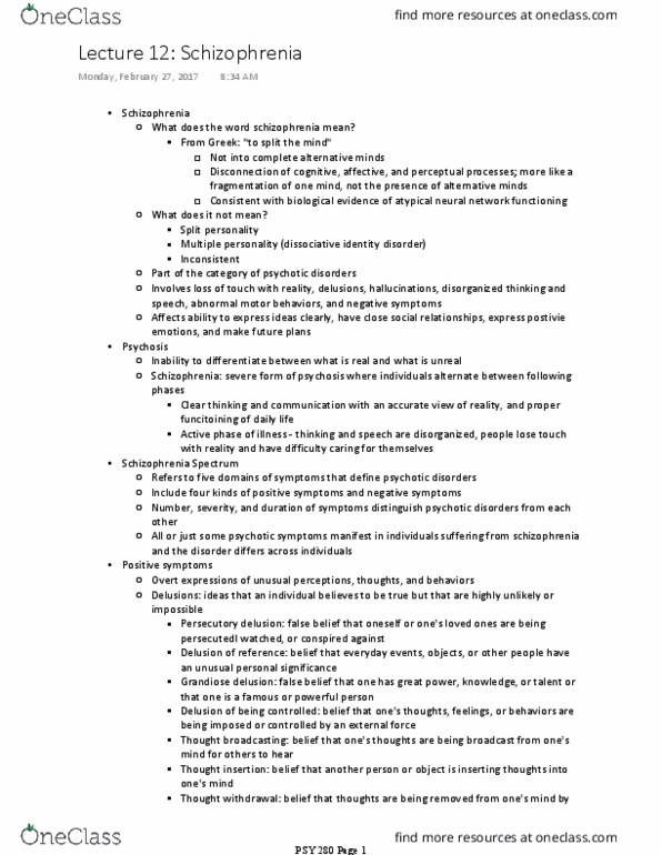 PSY 280 Lecture Notes - Lecture 12: Tachycardia, Thought Disorder, Dopamine Receptor thumbnail