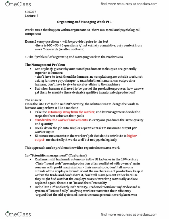 SOC207H1 Lecture Notes - Lecture 7: Tamilnad Mercantile Bank Limited, Profit Maximization, Human Relations Movement thumbnail