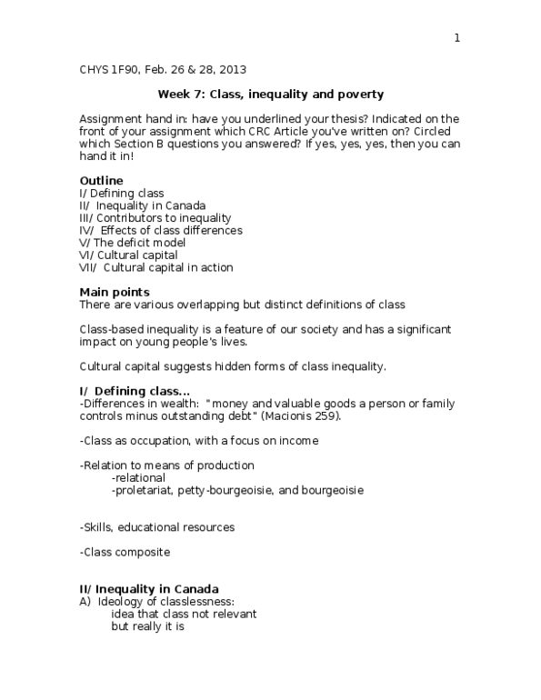 CHYS 1F90 Lecture Notes - Meritocracy, Infant Mortality, Concerted Cultivation thumbnail