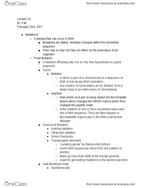 BIO 214 Lecture Notes - Lecture 23: Plasmid, Ultraviolet, Ionizing Radiation thumbnail