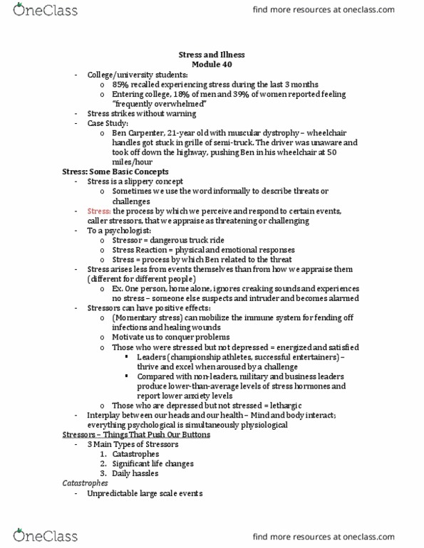 PSYC 1010 Lecture Notes - Lecture 4: Stressor, Myocardial Infarction, Culture Shock thumbnail
